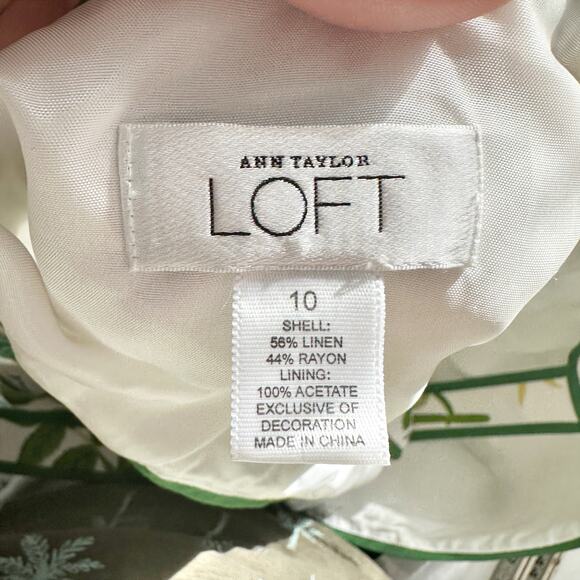 LOFT Linen Blend White & Green Summer Fit n Flare Dress Women's Size‎ 10 - Picture 6 of 9